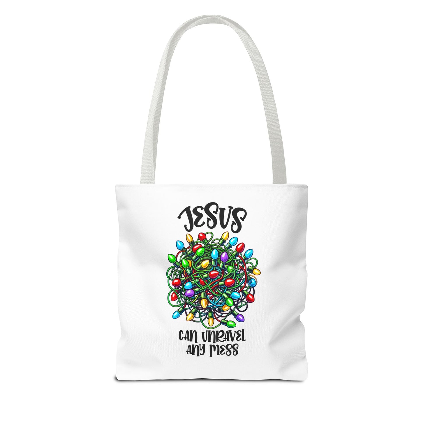 Jesus Can Unravel Any Mess Tote Bag (AOP)