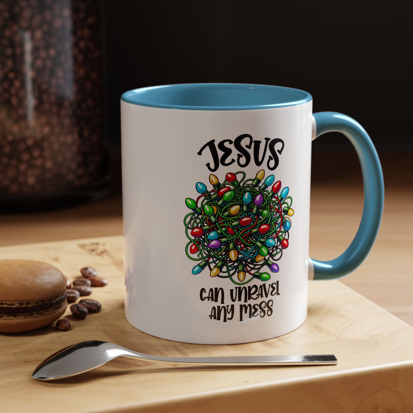 Jesus Can Unravel Any Mess Accent Coffee Mug (11, 15oz)