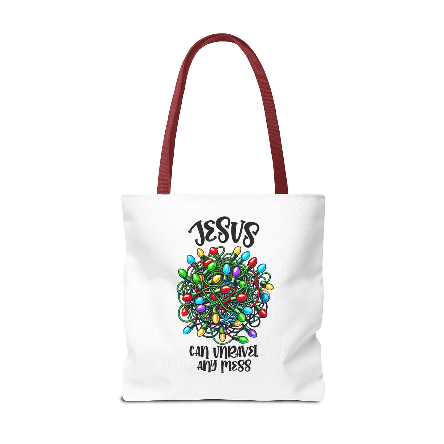 Jesus Can Unravel Any Mess Tote Bag (AOP)