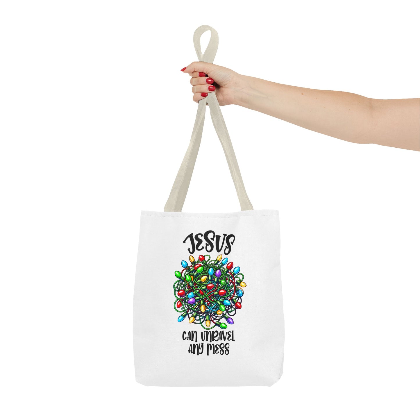 Jesus Can Unravel Any Mess Tote Bag (AOP)
