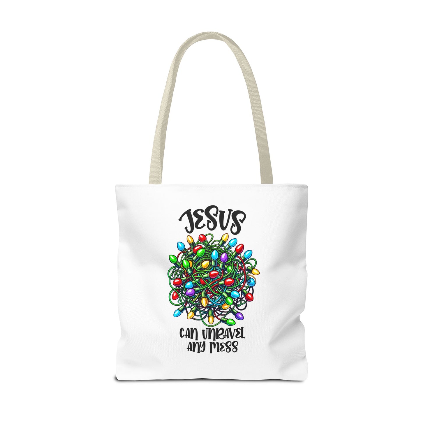 Jesus Can Unravel Any Mess Tote Bag (AOP)