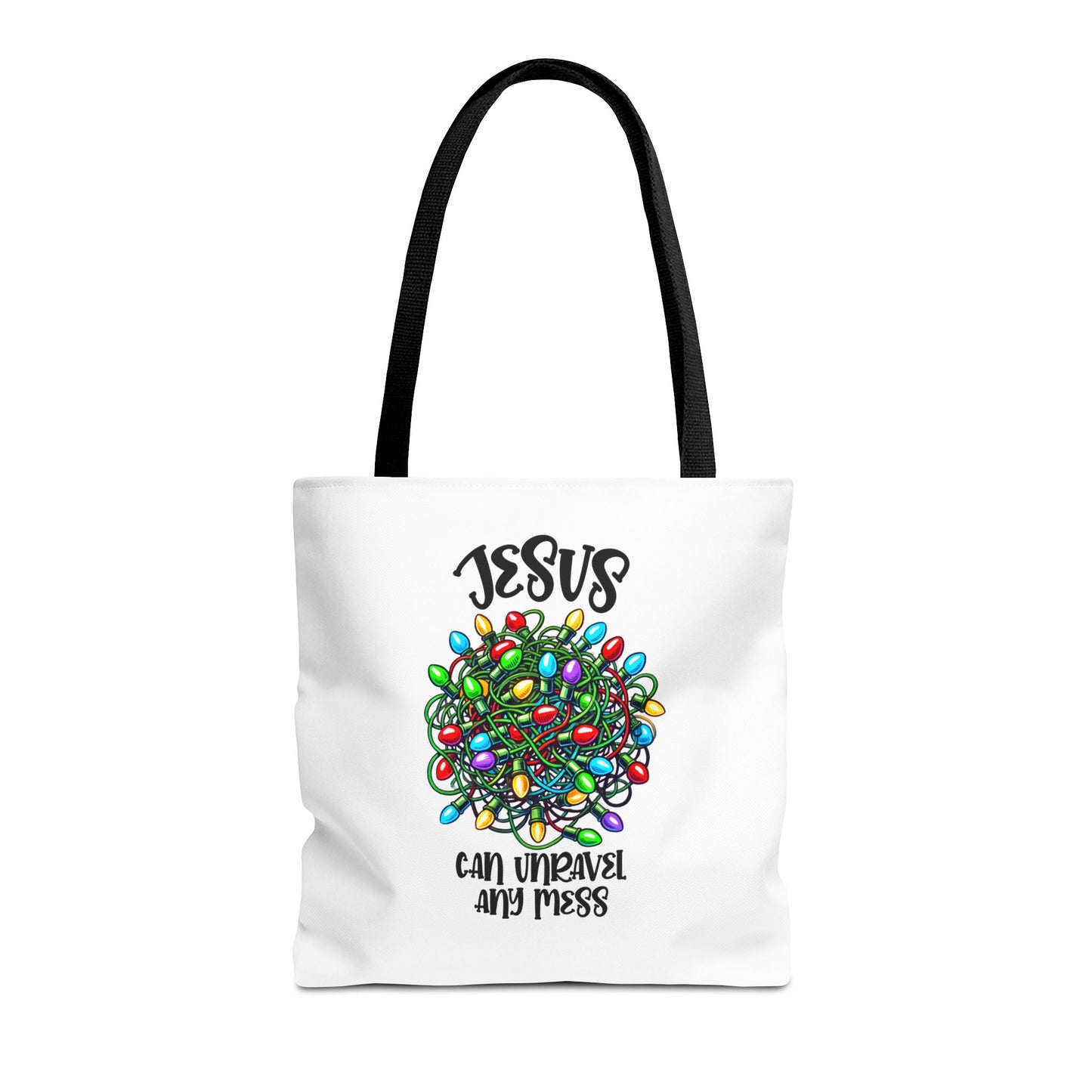 Jesus Can Unravel Any Mess Tote Bag (AOP)