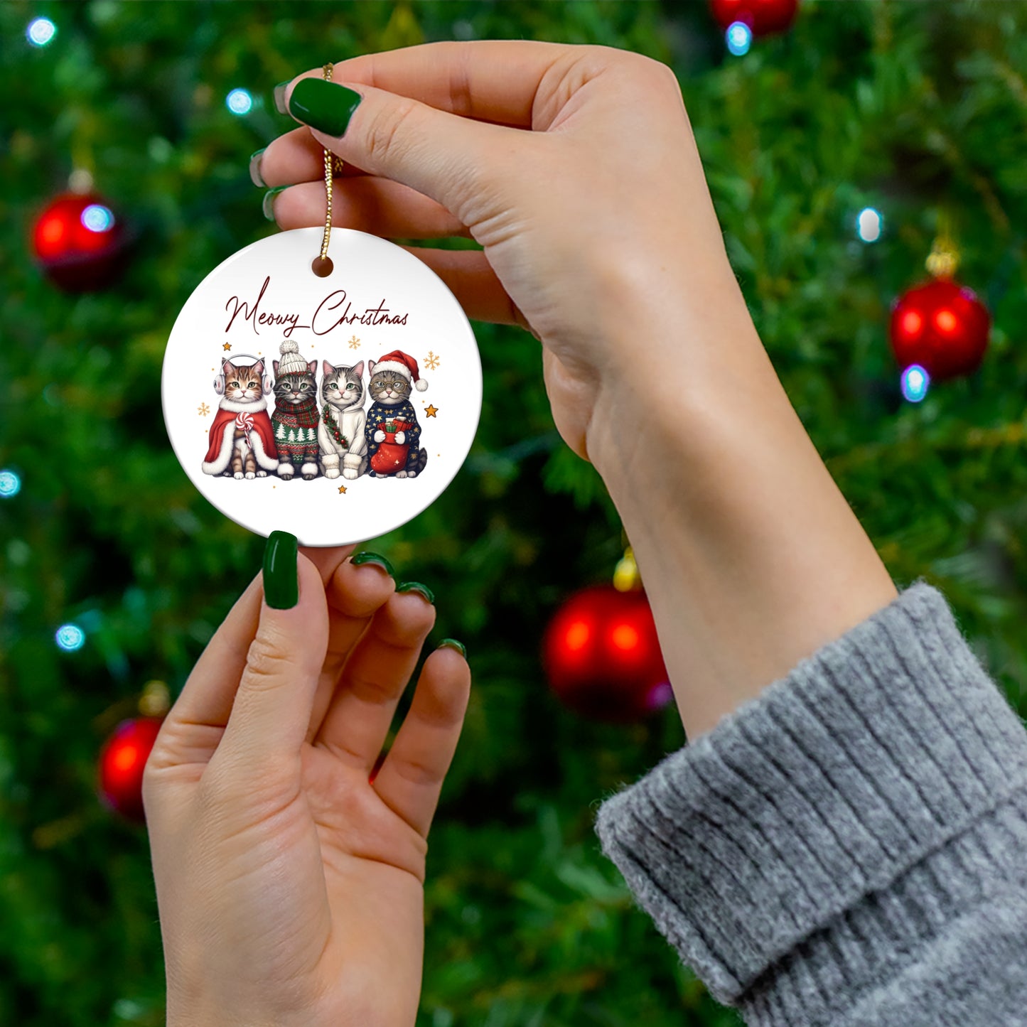 Cat-Themed Holiday Ornament, Ceramic Ornament, Merry Christmas Decor, Pet Lover Gift, Christmas Tree Decoration, Holiday Keepsake
