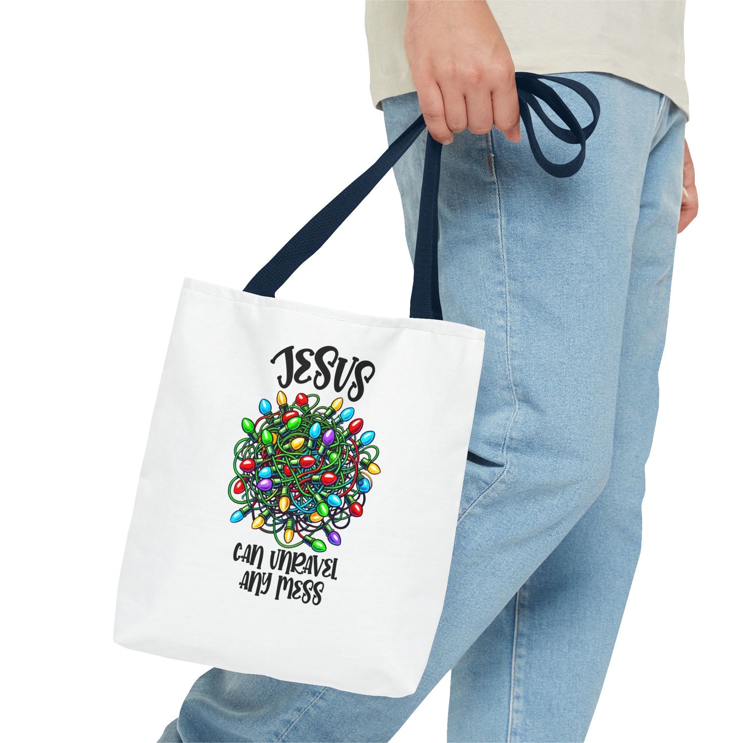 Jesus Can Unravel Any Mess Tote Bag (AOP)