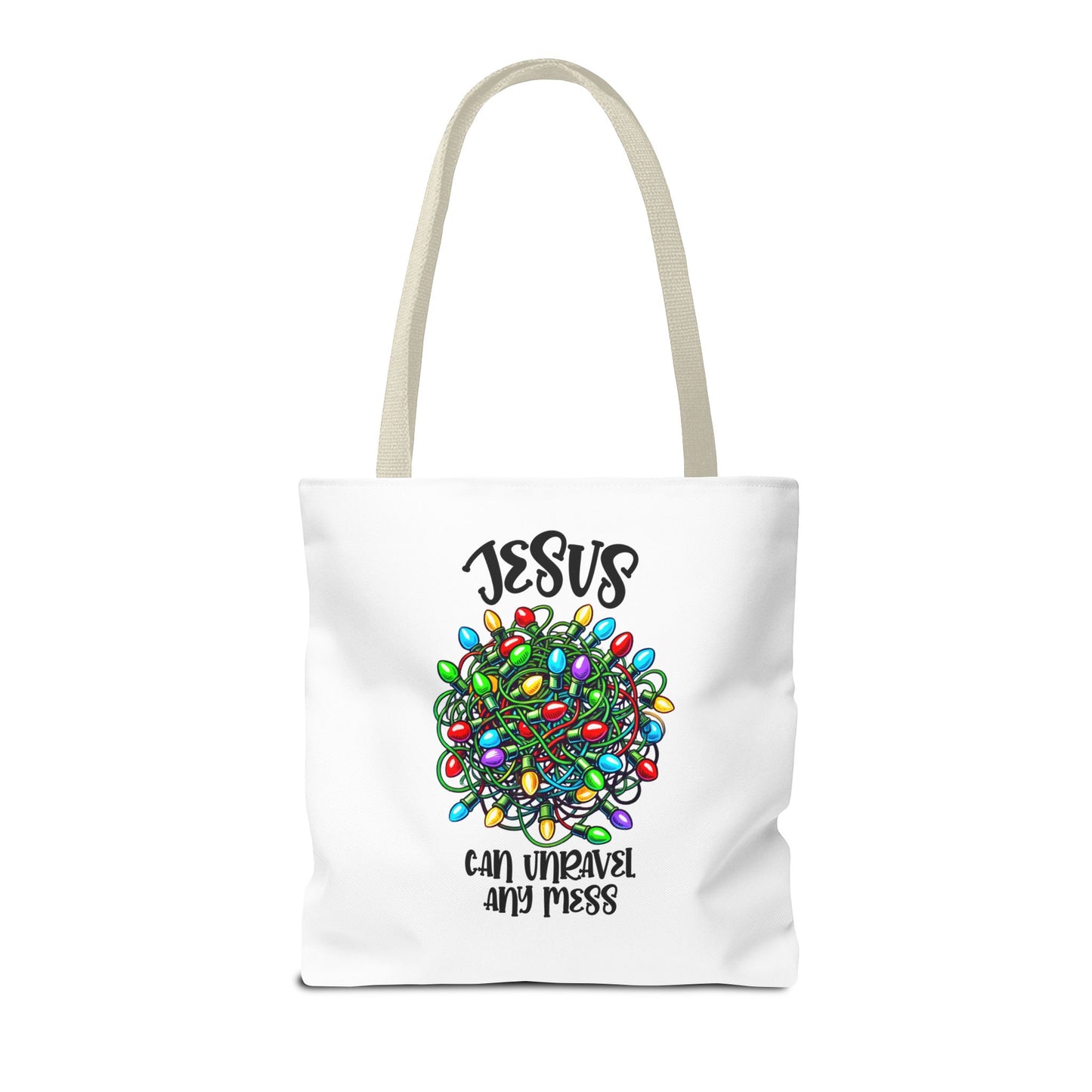 Jesus Can Unravel Any Mess Tote Bag (AOP)