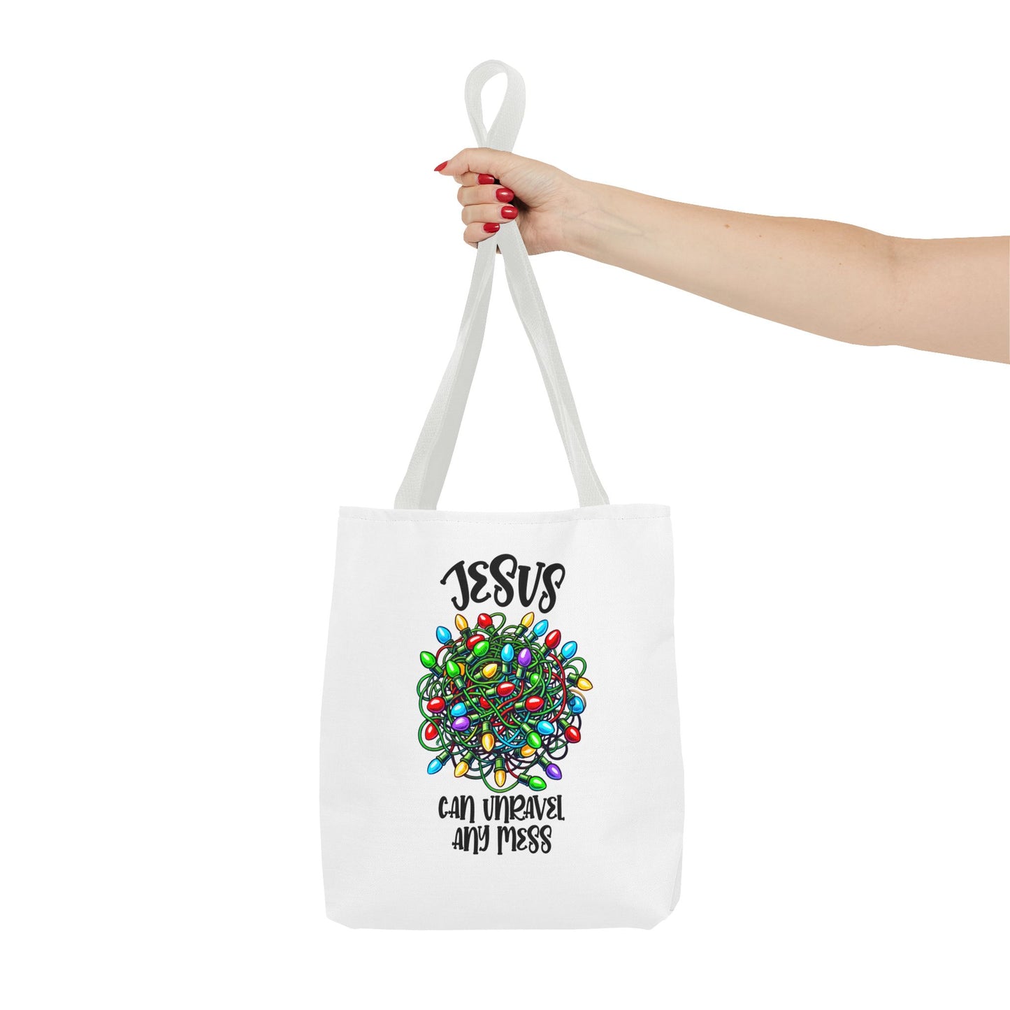 Jesus Can Unravel Any Mess Tote Bag (AOP)