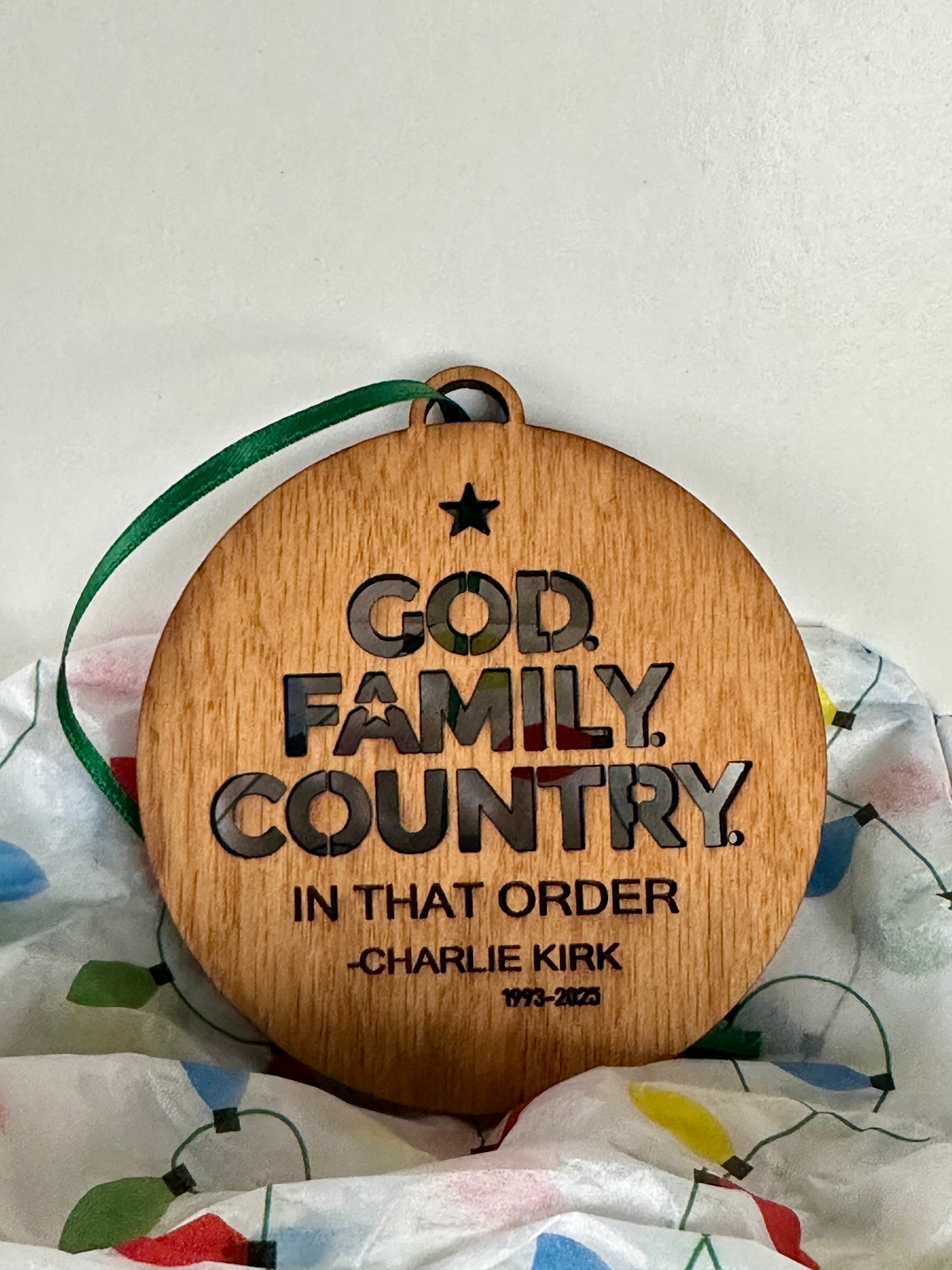 Charlie Kirk Memorial Ornament – “God. Family. Country.” – Handmade in Montana by White Buffalo Craft Haus