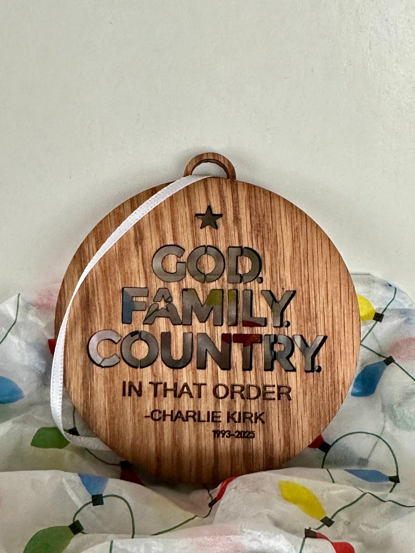 Charlie Kirk Memorial Ornament – “God. Family. Country.” – Handmade in Montana by White Buffalo Craft Haus