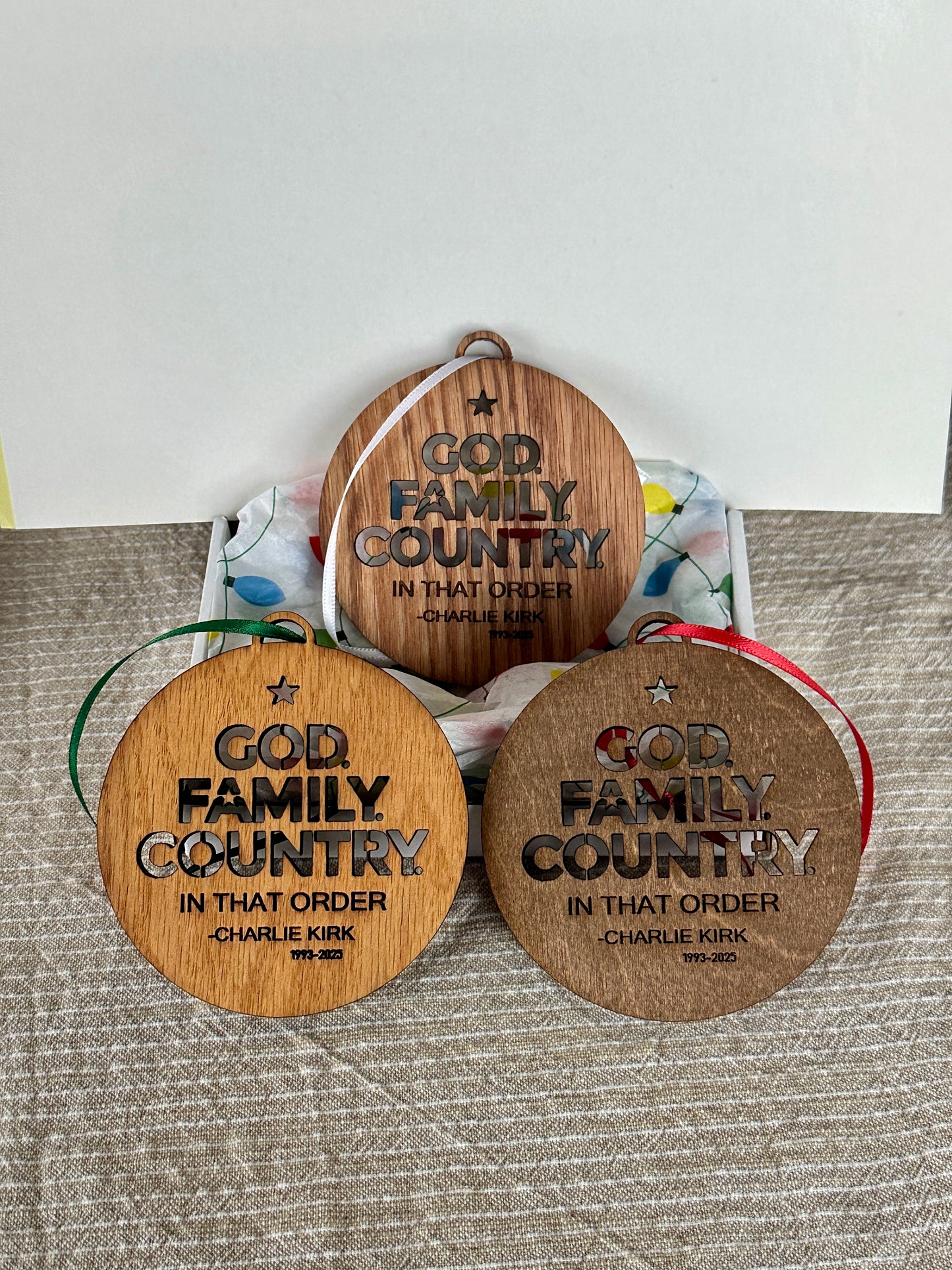 Charlie Kirk Memorial Ornament – “God. Family. Country.” – Handmade in Montana by White Buffalo Craft Haus