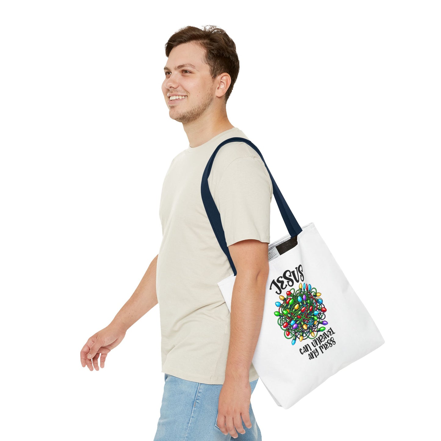 Jesus Can Unravel Any Mess Tote Bag (AOP)