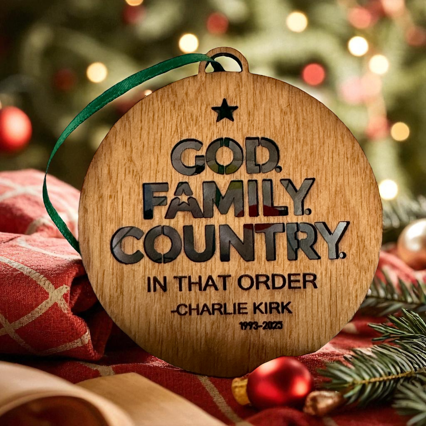 Charlie Kirk Memorial Ornament – “God. Family. Country.” – Handmade in Montana by White Buffalo Craft Haus