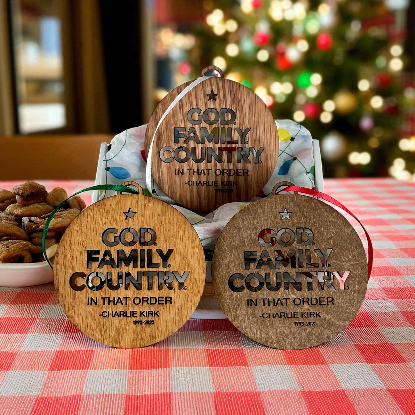 Charlie Kirk Memorial Ornament – “God. Family. Country.” – Handmade in Montana by White Buffalo Craft Haus