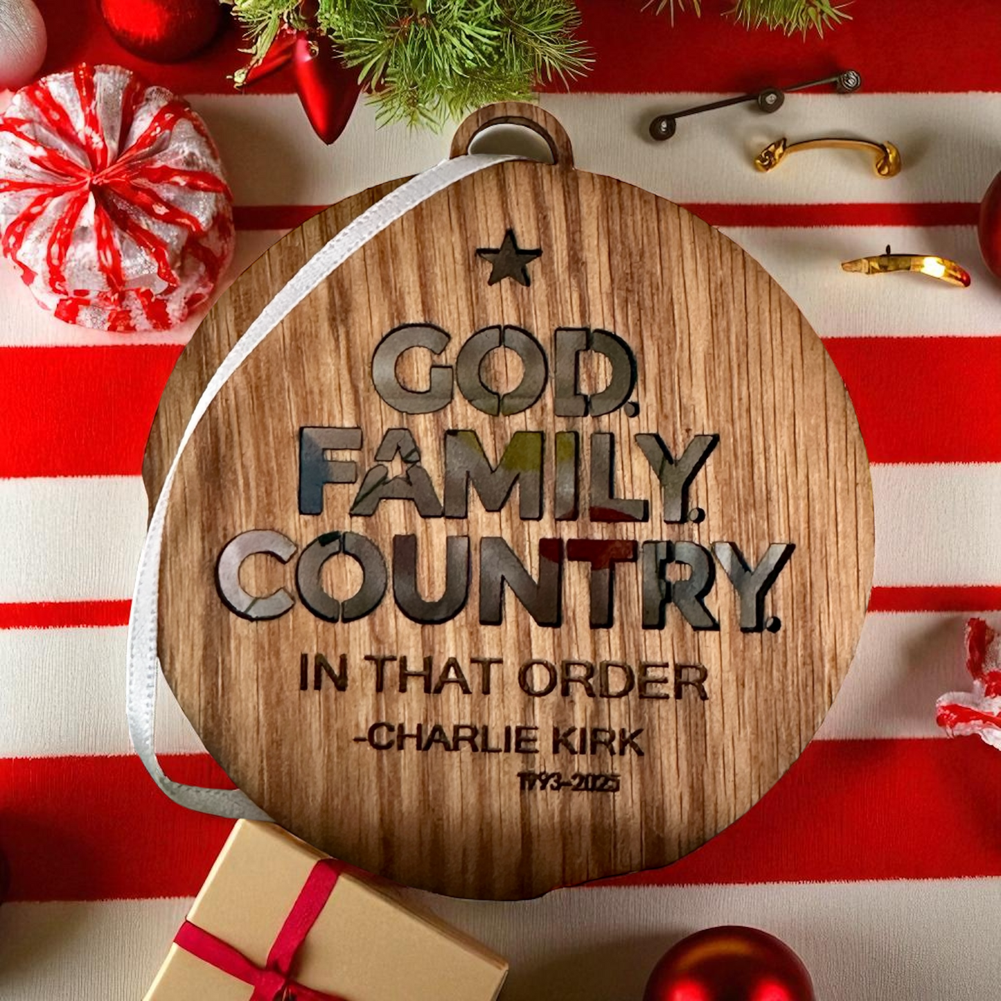 Charlie Kirk Memorial Ornament – “God. Family. Country.” – Handmade in Montana by White Buffalo Craft Haus